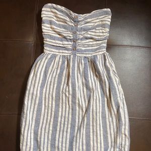 strapless blue and white striped dress